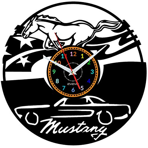 EVEVO Mustang Altes Auto Wanduhr Vinyl Schallplatte Retro-Uhr groß Uhren Style Raum Home Dekorationen Tolles Geschenk Wanduhr Mustang Altes Auto