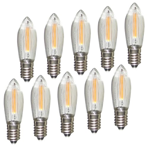 Erzgebirgslicht - AUSWAHL - 10 Stück LED Filament Topkerze 14-55 V 0,1 W für 4-16 Brennstellen E10 Riffelkerze Ersatzbirne Glühbirne Glühlämpchen für Lichterketten Pyramide Schwibbogen