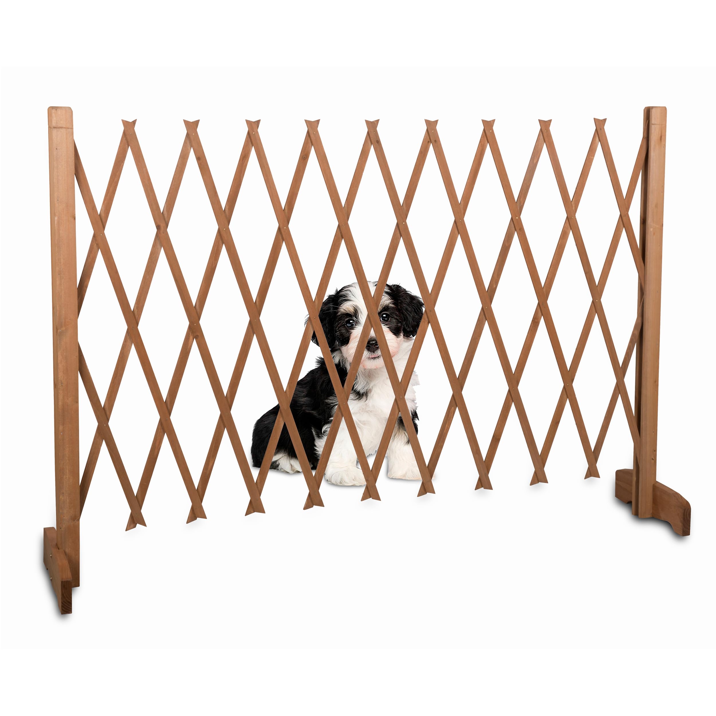 maxxpro Abspergitter Hund - Versenkbarer Hundegitter - Schutzgitter Ausziehbare Breite 30 bis 117 cm - Tür- & Treppengitter - für Innen und Außen Gebrauch - Holz - Braun