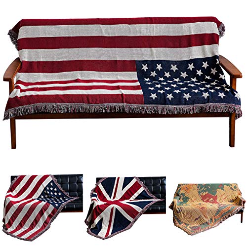 Haokaini Amerikanische Flagge Decken Bett Sofa Couch Abdeckung Baumwolle Strick Wurf Stuhl Decke mit Quasten Tagesdecke Sofa Abdeckung Patriotisch für Hausdekor 130X180cm