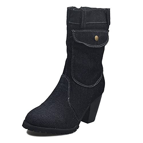 Yowablo Damen Stiefel Mid-Rise Solid Größe Slip-On Med Heels Stiefel Schuhe (39 EU,Dunkelgrau)