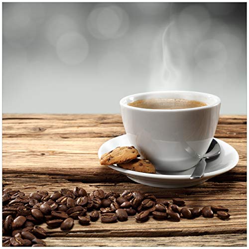 Wallario Glasbild Heiße Tasse Kaffee mit Kaffeebohnen - 50 x 50 cm in Premium-Qualität: Brillante Farben, freischwebende Optik