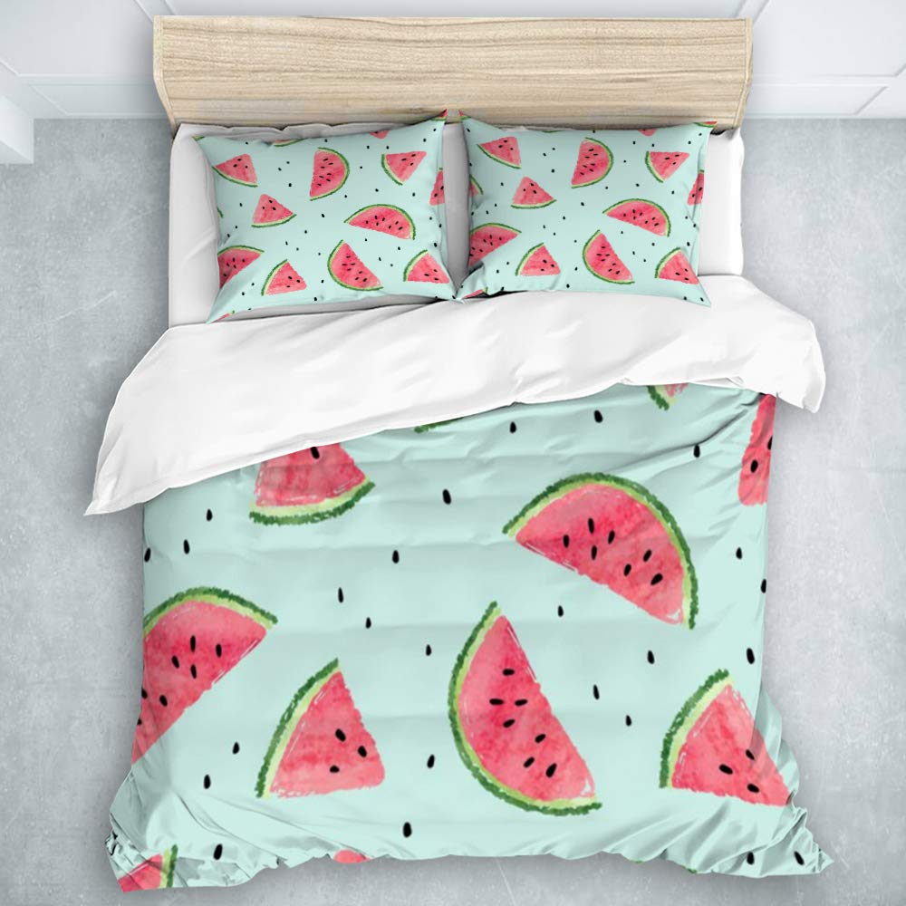 DUILLY Bettwäsche - Bettwäscheset, Mikrofaser, mit 2 Kissenbezügen, Neuer Winter，Saftiges Aquarell-Melonen-Wassermelonen-Muster-Sommer-Lebensmittel-Getränk-Blaue Frucht-Scheibe Berry Color Dessert