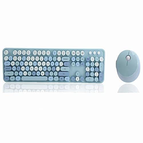 Kabellose Tastatur und Maus, 2,4-GHz-Kabellose 104-Tasten-Tastatur und -Maus, Retro-Schreibmaschinen-Stil, High-Key-Design, Niedliche Office-Desktop-Tastatur für Computer(Blau)