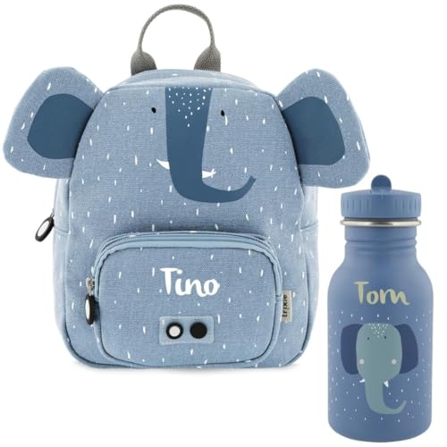 Kidslino Personalisierter Kinderrucksack mit Namen, Trixie Elefant-Design, Ideal für Kindergarten, Kita, Verstellbare Gurte, Kinderfreundliche Reißverschlüsse, Optional mit Trinkflasche