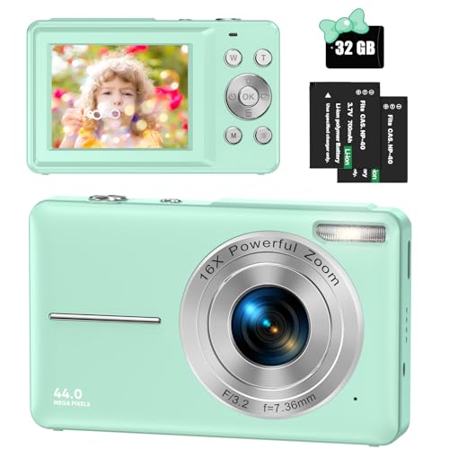 Digitalkamera 44MP 1080P HD Fotokamera mit 32GB Karte, Kompaktkamera 16X Digitalzoom mit 2 Wiederaufladbare Batterien, Fotoapparat für Kinder, Teenager, Anfänger, Jungen, Mädchen(Grün)