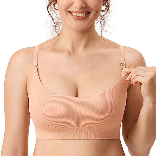 MOMANDA Damen Still BH ohne Bügel Seamless Gerippt Bralette Sport Schwangerschafts Stillen BHS Schlaf Bequemer Grapefruit Orange S