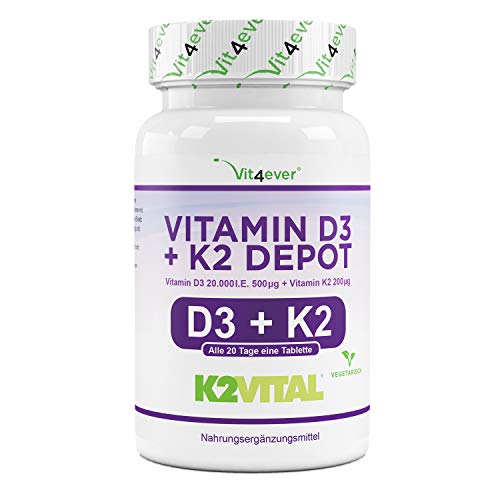 Vit4ever® Vitamin D3 20.000 I.E + Vitamin K2 200 mcg Menaquinon MK7 Depot - 180 Tabletten - 99% All-Trans - Laborgeprüft - Alle 20 Tage eine Tablette - Vegetarisch - Premium Qualität