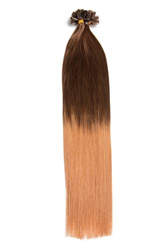 Ombré Bonding Extensions aus 100% Remy Echthaar 200 0,5g 50cm Glatte Strähnen U-Tip als Haarverlängerung und Haarverdichtung in der Farbe #4/27 Schokobraun/Honigblond
