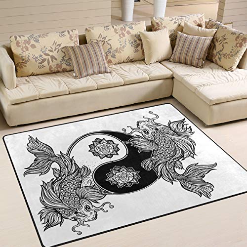 Use7 Asiatischer Teppich mit Koi-Karpfen und Fischen, Yin-Yang-Wasserlilie, für Wohnzimmer, Schlafzimmer, 203 cm x 147,3 cm