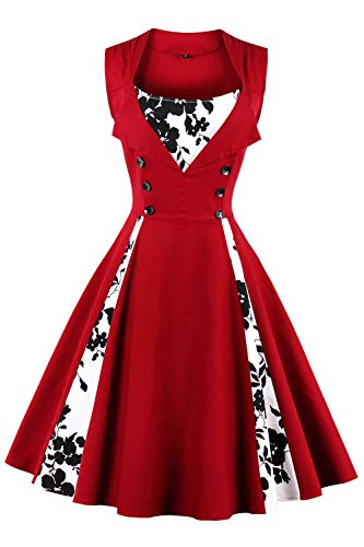 Axoe Damen 50er Jahre Vintage Kleid mit Blumenmuster A-Linie Weinrot 46