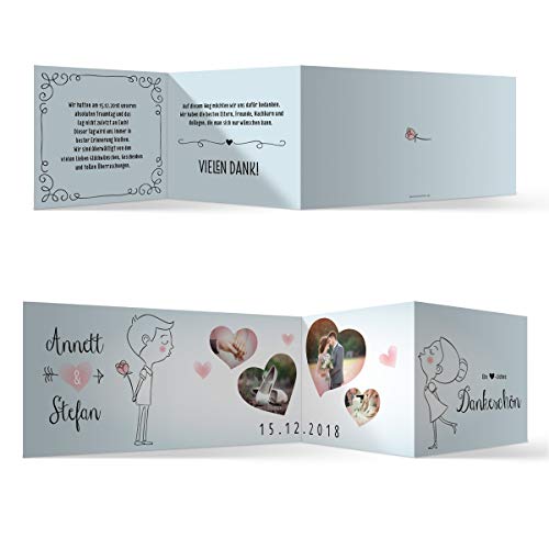 20 x Hochzeit Dankeskarten Danksagungskarten individuell mit Ihren Texten und Fotos Zickzack Klappkarte DIN Lang 99 x 210 mm - Küssendes Paar