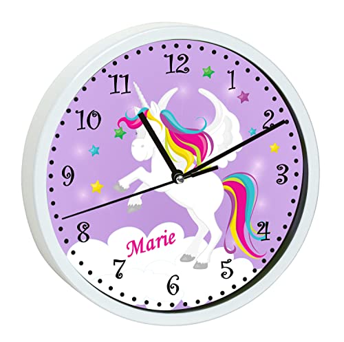 CreaDesign, WU-30-1034-05 Einhorn Lila Wanduhr für Kinderzimmer, lautloses Uhrwerk ohne Ticken, personalisierbar mit Namen, Rahmen weiß, Durchmesser 19,5 cm