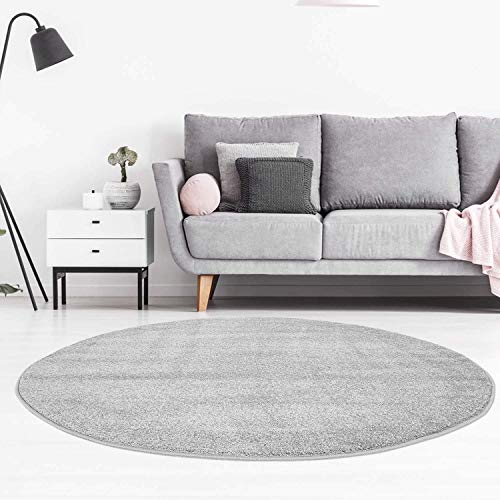 carpet city Teppich Rund Einfarbig Uni Flachfor Soft & Shiny in Grau/Silber für Wohnzimmer; Größe: 120x120 cm rund