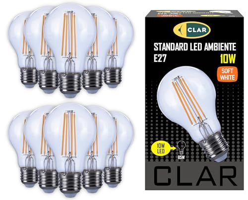 CLAR - LED-Glühbirnen E27 Warm Light 10W, E27 Vintage LED Glühbirne, Edison Glühbirne (Fettsockel) Äquivalent zu 80W-90W, 10W Warmweiß 2700ºK (Pack 10)