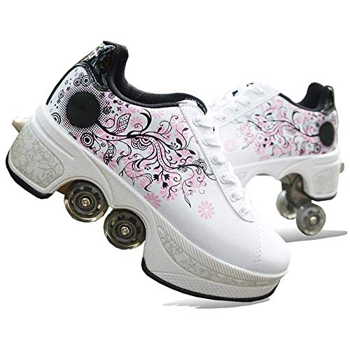Wedsf Sportschuhe Laufschuhe Sneakers 2 in 1 Mehrzweckschuhe 4 Rollen Skate Shoes Rollen Schuhe Skateboard Sneakers Kinderschuhe,36