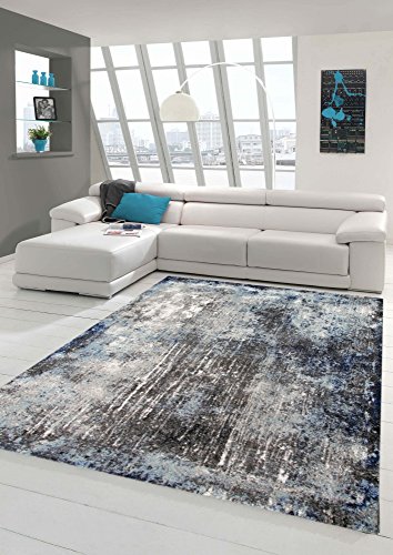 Designer und Moderner Teppich Wohnzimmerteppich in Blau Grau Creme Größe 80x150 cm
