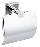 tesa HUKK Toilettenpapierhalter mit Deckel, verchromt - WC-Rollenhalter zur Wandbefestigung ohne Bohren, inkl. Klebelösung - 140mm x 130mm x 70mm