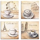 ARTLAND Küchenbilder Leinwandbilder Set 4 teilig je 20x20 cm Quadratisch Kaffee Bilder Cappuccino Cafe Espresso S6MM