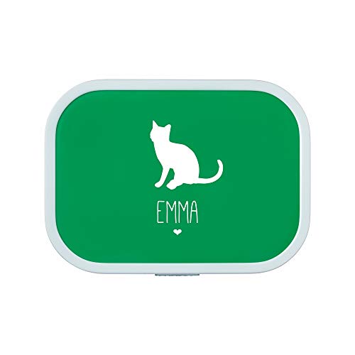 4you Design Personalisierte grüne Brotdose -Katze Silhouette- mit Namen – inkl. Bento-Box & Gabel für Schule & Kindergarten, Geschenk für Kinder (Grün)