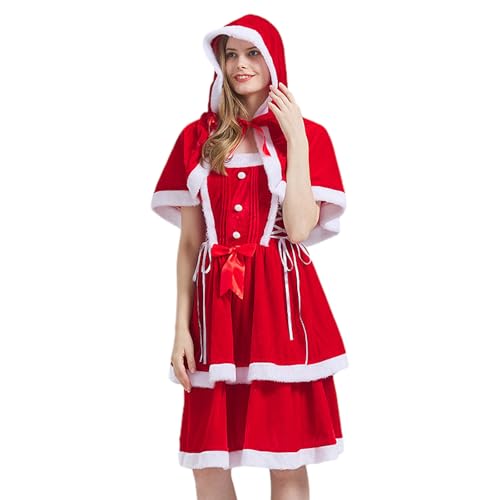 Umifica Damen-Weihnachtskleid, Rotes ärmelloses Weihnachtsmannkleid mit Umhang, Hautfreundliches Prinzessinnenkleid, Weihnachtskostüme für Mädchen und Damen