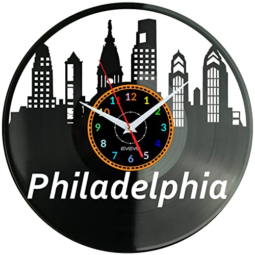 EVEVO Philadelphia Wanduhr Vinyl Schallplatte Retro-Uhr Handgefertigt Vintage-Geschenk Style Raum Home Dekorationen Tolles Geschenk Uhr Philadelphia