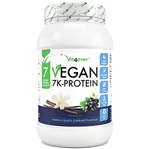 Vegan 7K Protein - 1kg - Vanille schwarze Johannisbeere - Rein pflanzliches Eiweißpulver mit Reis-, Mandeln-, Soja-, Erbsen-, Hanf-, Cranberry-, Sonnenblumenprotein