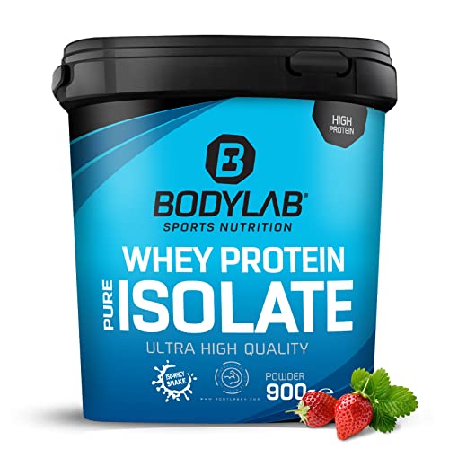 Whey Protein Isolate 900g Erdbeere Bodylab24, Eiweißpulver aus Whey Isolat, Whey Protein-Pulver kann den Muskelaufbau unterstützen, konzentriertes Iso-Whey-Protein frei von Aspartam