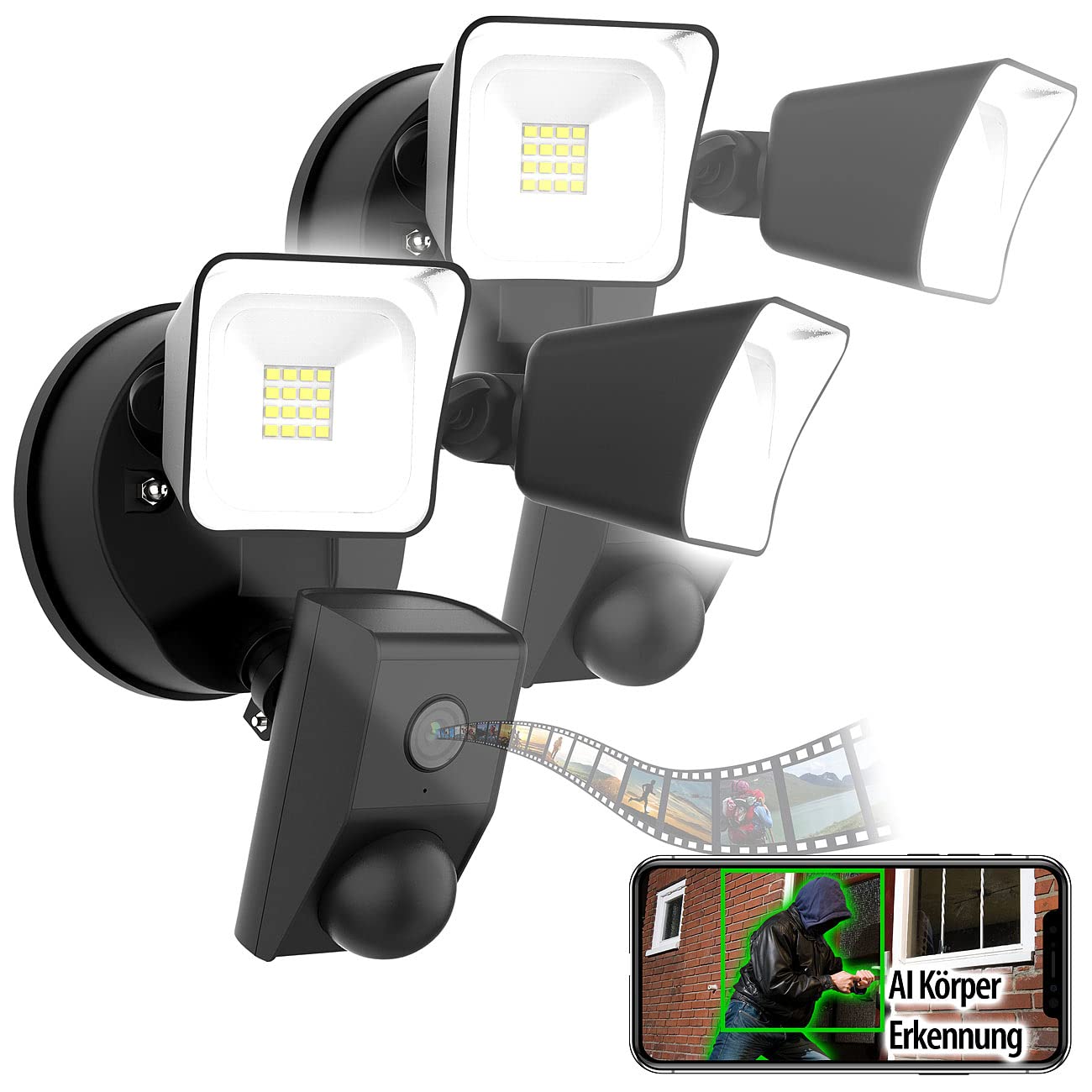 VisorTech Flutlicht Kamera: 2er-Set 2K-Kamera, 2 LED-Strahler, 2.400lm, Sirene, WLAN, App (Fluter mit Kamera, LED-Fluter mit Kamera, Lampe mit Bewegungsmelder)