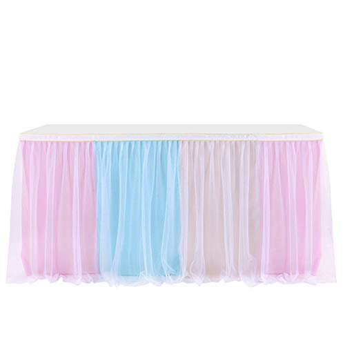 Tüll Tischrock, Tischdecke Tütü Tischröcke,Tischdeko Party deko Tisch Rock Für Babyparty mädchen, Hochzeit, Geburtstag, Weihnachten (Gelb rosa blau,1.83 x 0.77 m)