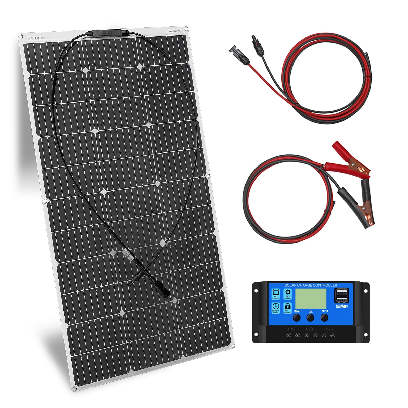 100W 18V Flexible Solar Panel Kit System Monocrystalline Photovoltaic Module 18V 10A Solar Controller, for Charging 12V Batteries - RVs, Caravans, Boats, Roofs.