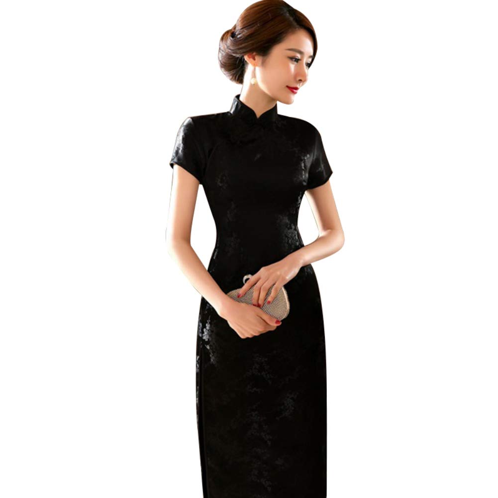 Kalaokei Cheongsam-Kleid, traditionelles Pflaumenblütenkleid, für Damen, chinesisches langes Cheongsam-Abendkleid, schwarz, XL/38