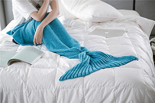 Meerjungfrau Endstück Häkeln Decke Teens Jugendliche Erwachsene Wohnzimmer Sofa super weiche Decken Schlafsack-Eisblau