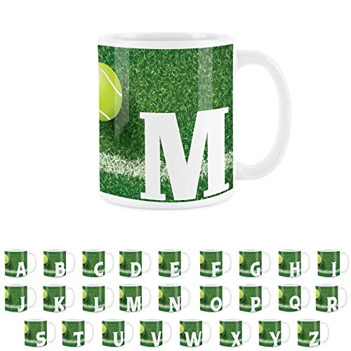 Purely Home Tasse mit Tennis-Buchstabe M, Weiß, für Kaffee, Tee, personalisierbar