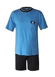 Moonline nightwear Herren Pyjama Schlafanzug kurz Herren Pyjama kurz Herren Shorty Schlafanzug aus 100% Baumwolle (L/50-52, Oberteil blau/Hose Uni)