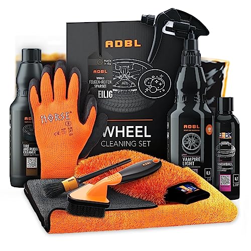 ADBL Autopflege Set: Wheel Cleaning Set - Autowäsche Set für die schonende Felgen & Reifen Reinigung inkl. Zubehör - Auto Felgenreiniger, Reifenreiniger, Kunststoffpflege | 8-teilig