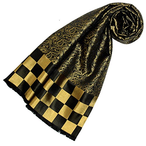 Lorenzo Cana Luxus Damen Schal aus 100% Seide aufwändig jacquard gewebt Damast Seidenschal Seidentuch Tuch 25 x 160 cm Schwarz Gold Karo 89214