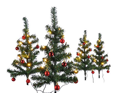 HI 4er Set Mini Weihnachtsbäume beleuchtet mit 40 warmweißen LEDs dekoriert mit 24 Baumkugeln grün künstliche Weihnachtsbäume für Innen- und Außengebrauch Tannenbäume Christbaum 63x49 cm
