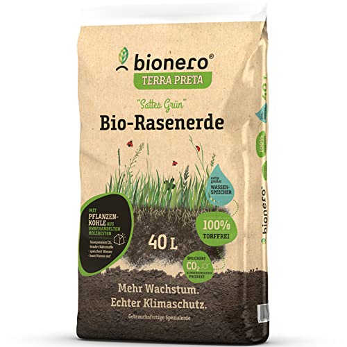 bionero® Bio-Rasenerde sattes Grün 40 l Sack Terra Preta Schwarzerde Erde Rasen Bio Rasenwachstum Torffrei