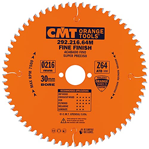 CMT Orange Tools Kreissägeblatt Feinschnitt HW 216 x 2,8 / 1,8 x 30 Z=64 15° ATB - 292.216.64M - für Querschnitte