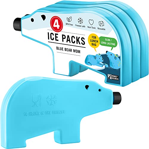 Monkey Business Cooler Batterien für die Lunchbox/Wiederverwendbare, langlebige Lunchbox/Eisblöcke für persönliche Kühlbox/Perfekt für die Lunchbox Ihres Kindes/Bärenmama 4er-Pack