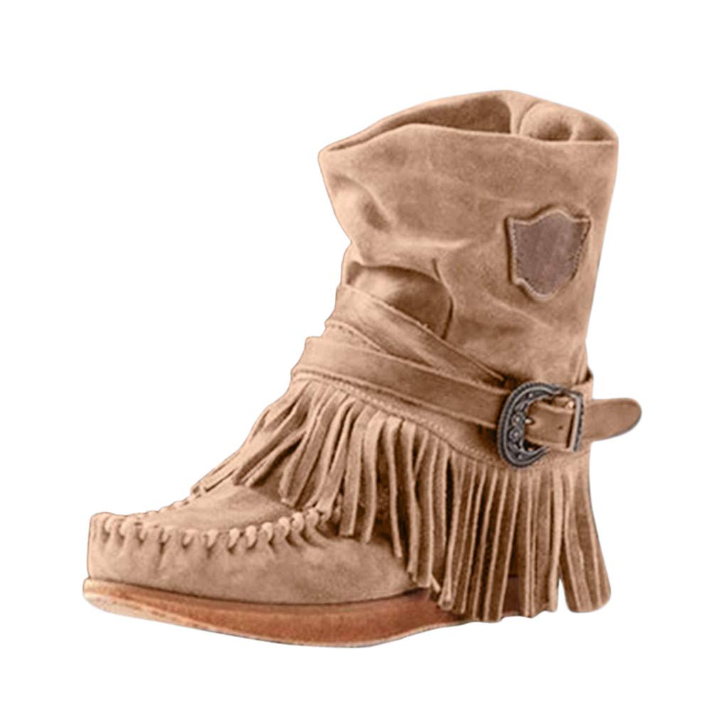 YEBIRAL Damen Herbst Flache Wildleder Retro Winter Stiefeletten mit Fransen Casual Short Ankle Boots Schuhe (Größe:35-43)