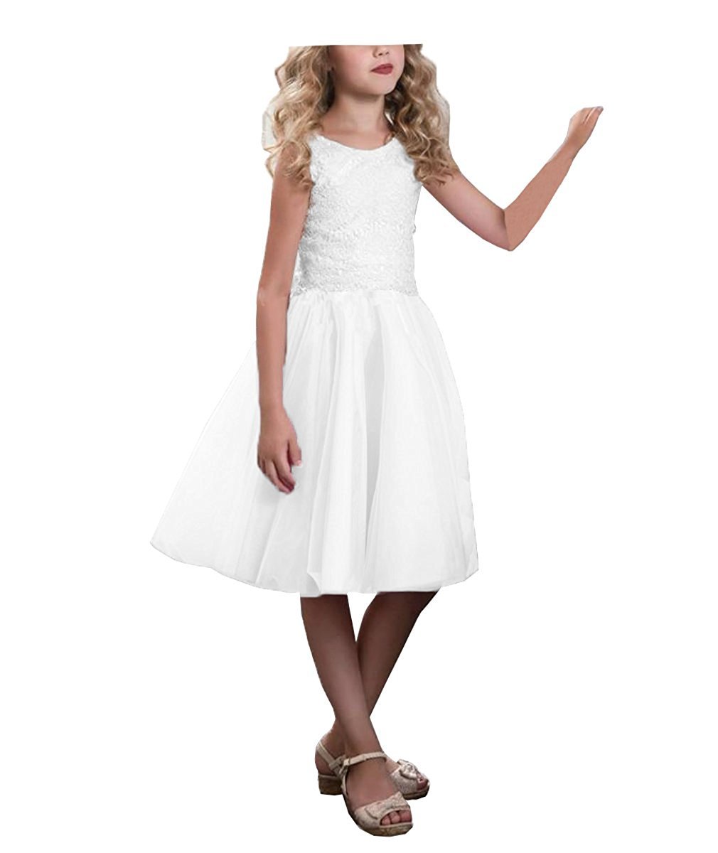 CLLA dress Mädchen Hochzeit Blumenmädchen Kleider Knielänge Partyskleid Kinderkleid Kommunionkleid Ballkleid(Weiß,8-9 Jahre)