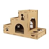 Katzentreppe mit Futterplatz Katzenhaus aus Pappe Kratzpappe für Katzen mit Eingang und Fenster