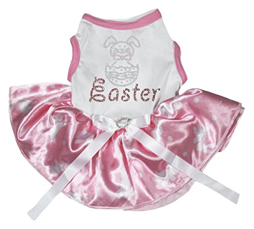 Petitebelle Welpen-Kleidung mit Hasenei, Ostern, weißes Oberteil, rosa Tutu, Größe M