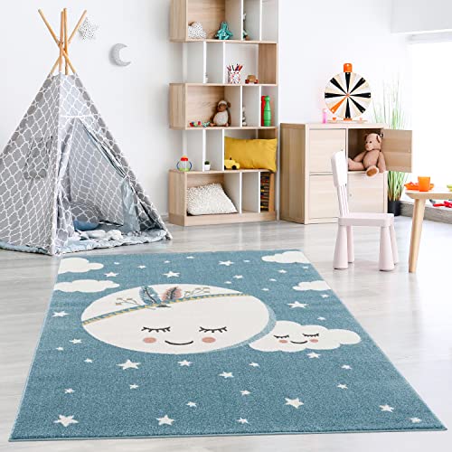 payé Teppich Kinderzimmer - Blau - 120x160cm- Mond Wolke Sterne - Himmel- Kurzflor Kinderteppich - Jungen und Mädchen - Spielteppich - Oeko-Tex Standard 100