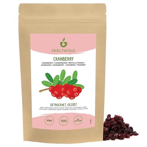 Cranberries getrocknet (1kg), Cranberry ohne künstliche Zusatzstoffe, leicht mit Fruchtsaft gesüßt, Trockenobst Snack