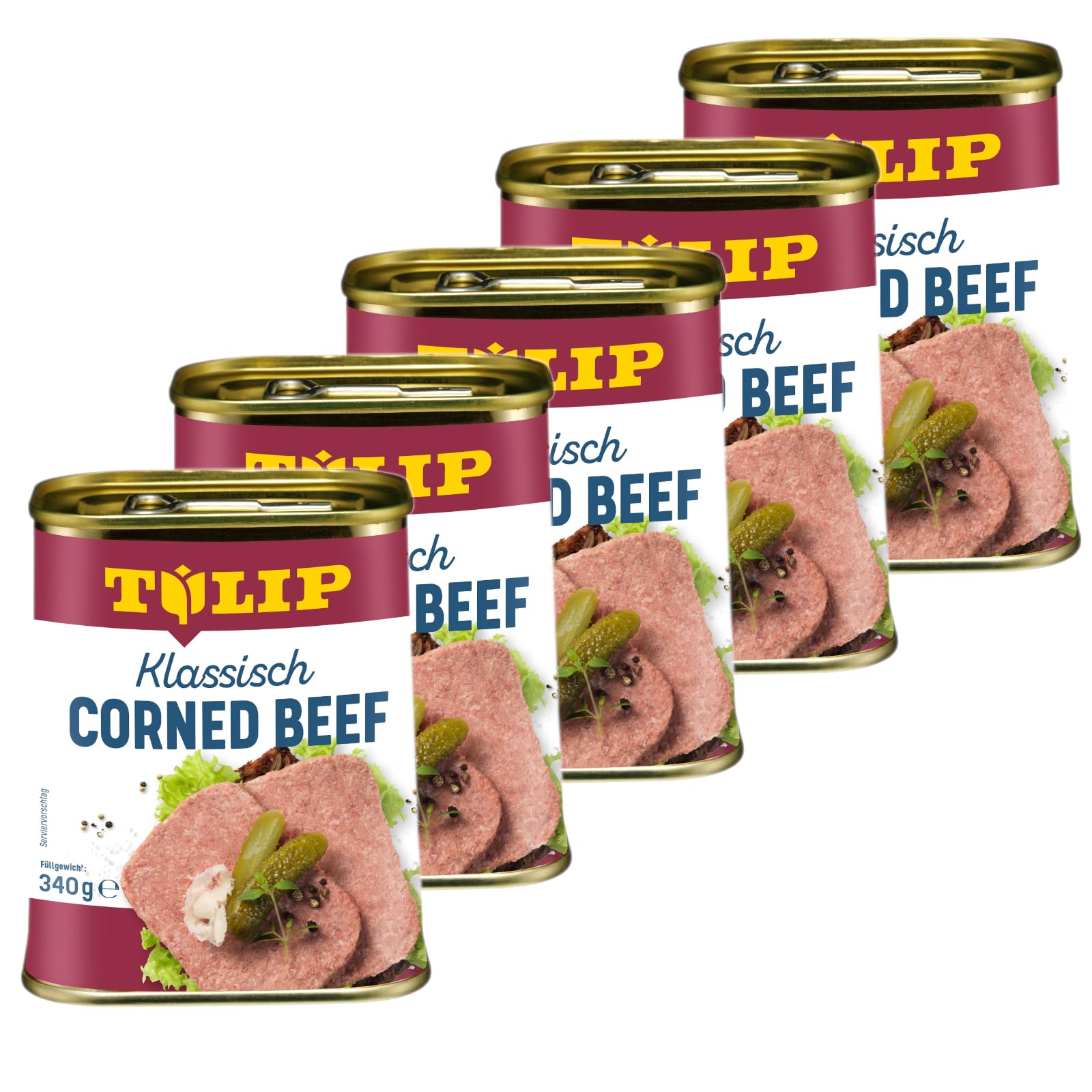 TULIP 5x Corned Beef 340 g | Klassisches Frühstücksfleisch in der Dose | Zartes gepökeltes Fleisch in der Konserve | Konservenfleisch mit 98% Rindfleisch