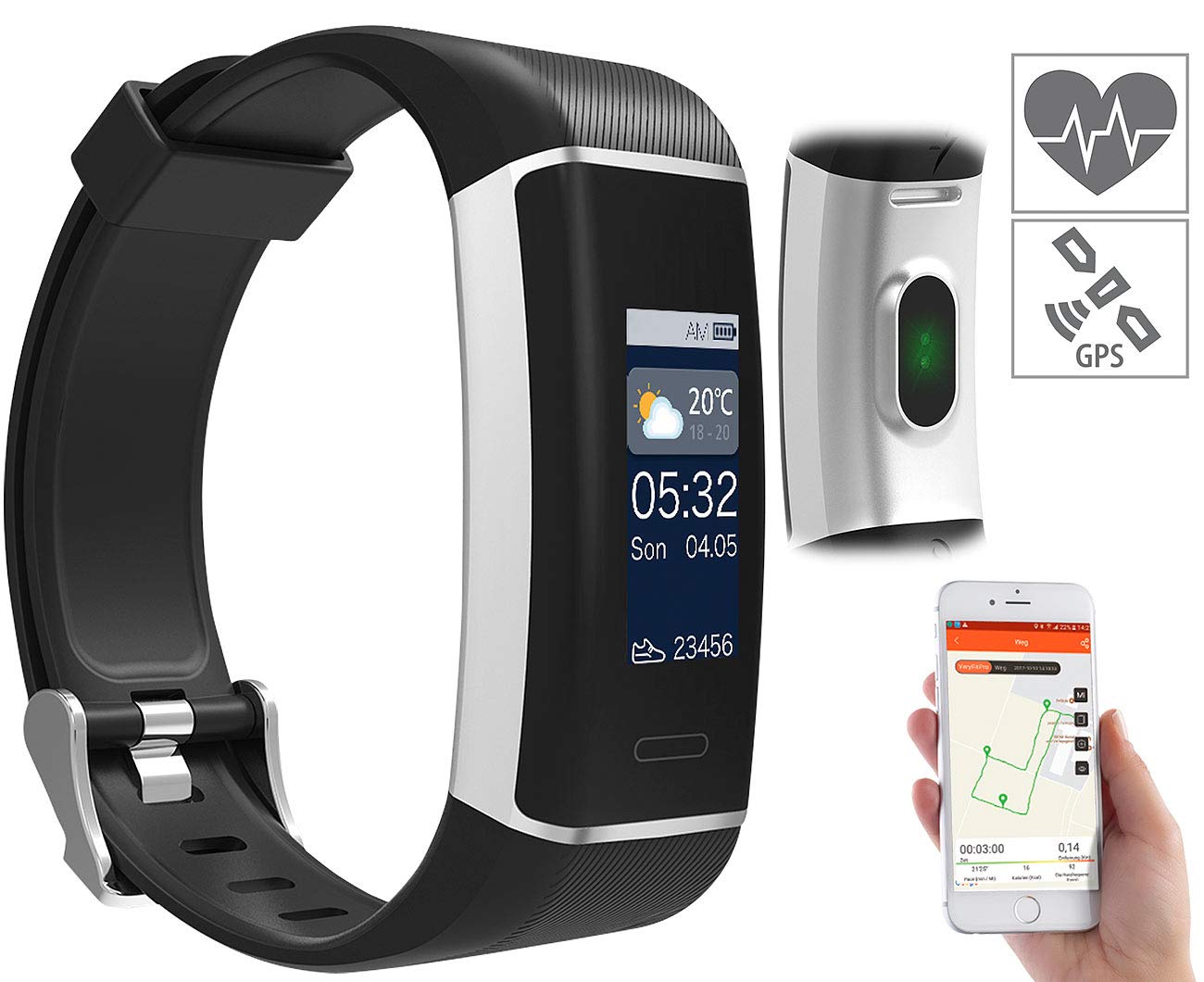 newgen medicals Fitness-GPS-Armband mit XL-Farb-Display & App für 6 Sportarten, IP67