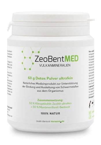 ZeoBent MED 60g ultrafeines Premium Detox-Pulver, Medizinprodukt, Zeolith-Bentonit Mischung, 9µm mit vielfach mehr Oberfläche pro Gramm, Entgiftungskur, Apothekenqualität, Darmreinigung, Heilerde